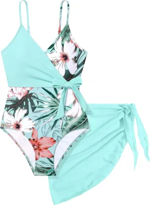 Girls Swimsuit One Piece Bathing Suit Tropical Floral with Adjustable Straps Girls'Swimwear with Cover Up 9-16T