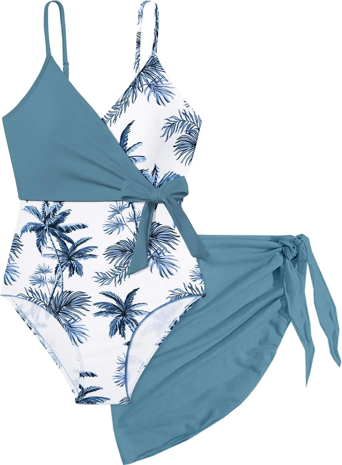 Girls Swimsuit One Piece Bathing Suit Tropical Floral with Adjustable Straps Girls'Swimwear with Cover Up 9-16T