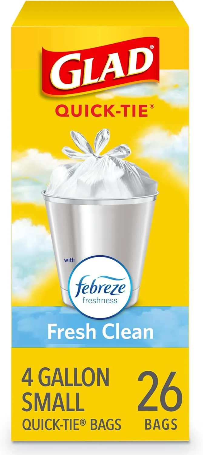 Glad OdorShield Small Trash Bags, Febreze Fresh Clean, 4 Gal, 26 Ct (Package May Vary)