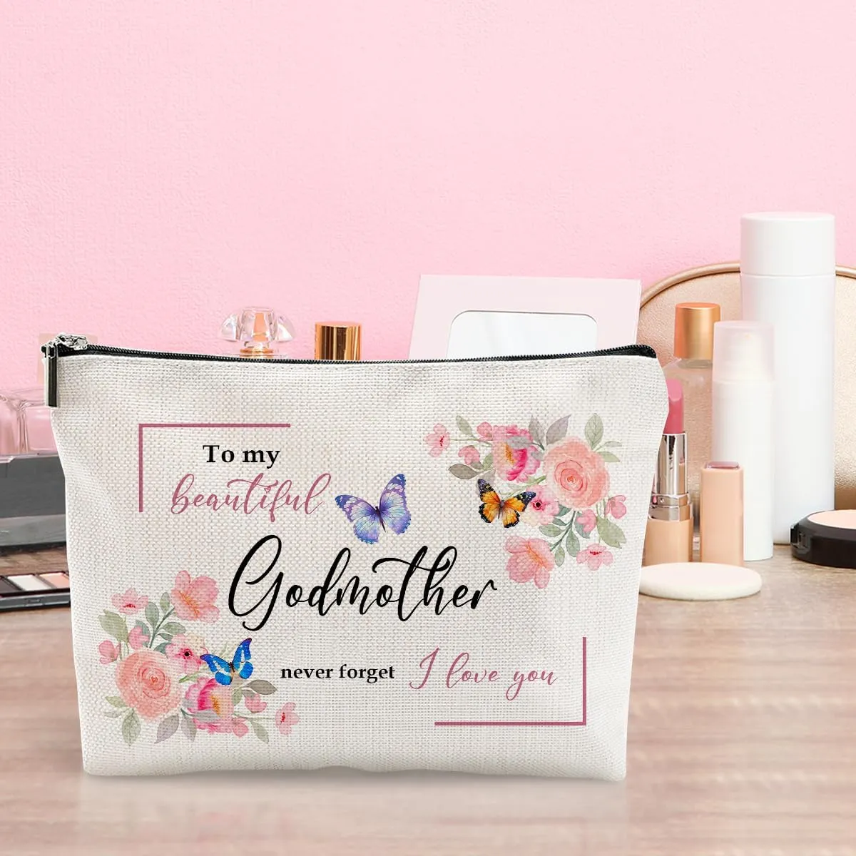 Godmother Gift - Floral Makeup Bag for Birthday, Mother's Day, Christmas - Travel Accessories Zipper Organizer