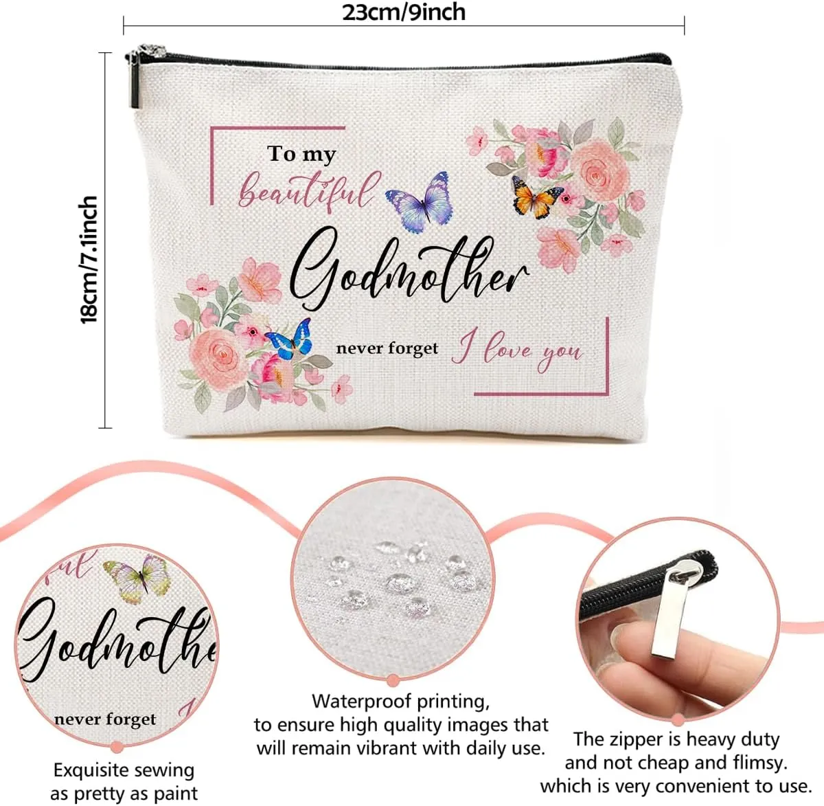 Godmother Gift - Floral Makeup Bag for Birthday, Mother's Day, Christmas - Travel Accessories Zipper Organizer