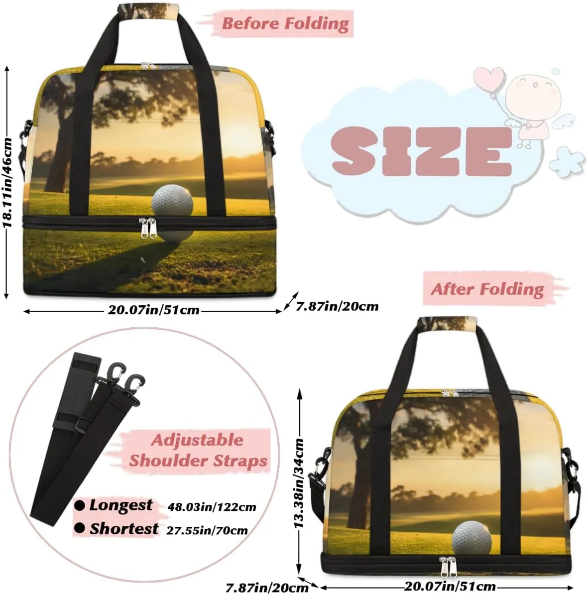 Golf Ball Sunset Foldable Travel Duffel Bag Overnight Weekender Bag with Shoes Compartment Sports Gym Bag for Men Women