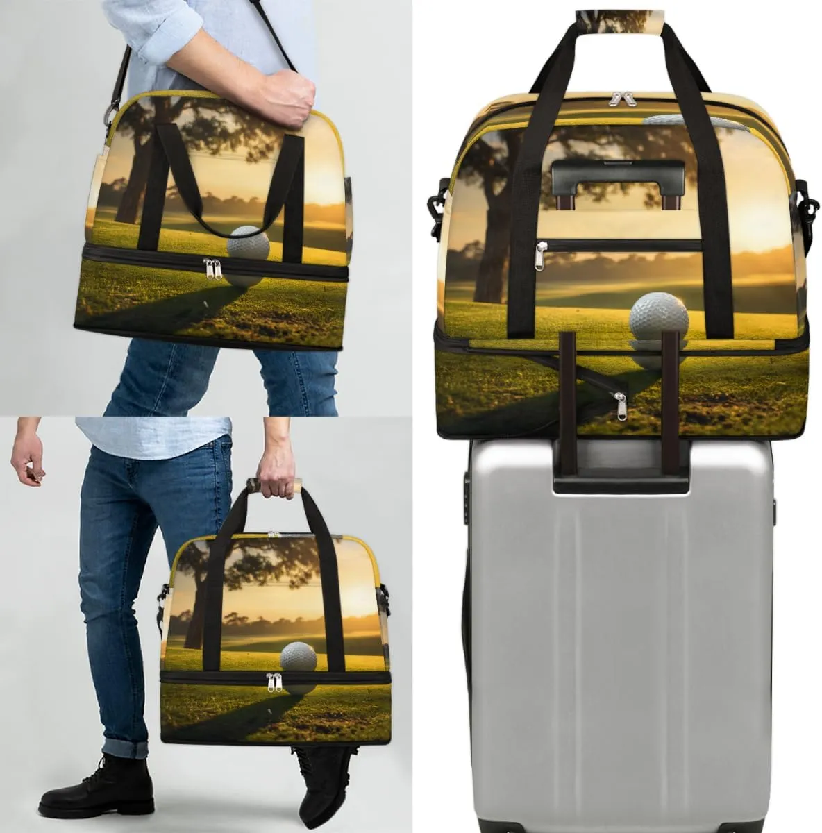 Golf Ball Sunset Foldable Travel Duffel Bag Overnight Weekender Bag with Shoes Compartment Sports Gym Bag for Men Women