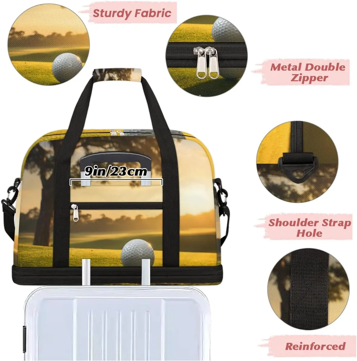 Golf Ball Sunset Foldable Travel Duffel Bag Overnight Weekender Bag with Shoes Compartment Sports Gym Bag for Men Women