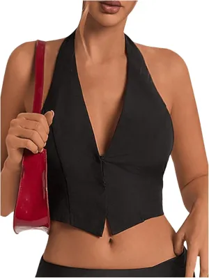GORGLITTER Women's Backless Halter Vest Tops Split Hem Going Out Crop Camisole Tops