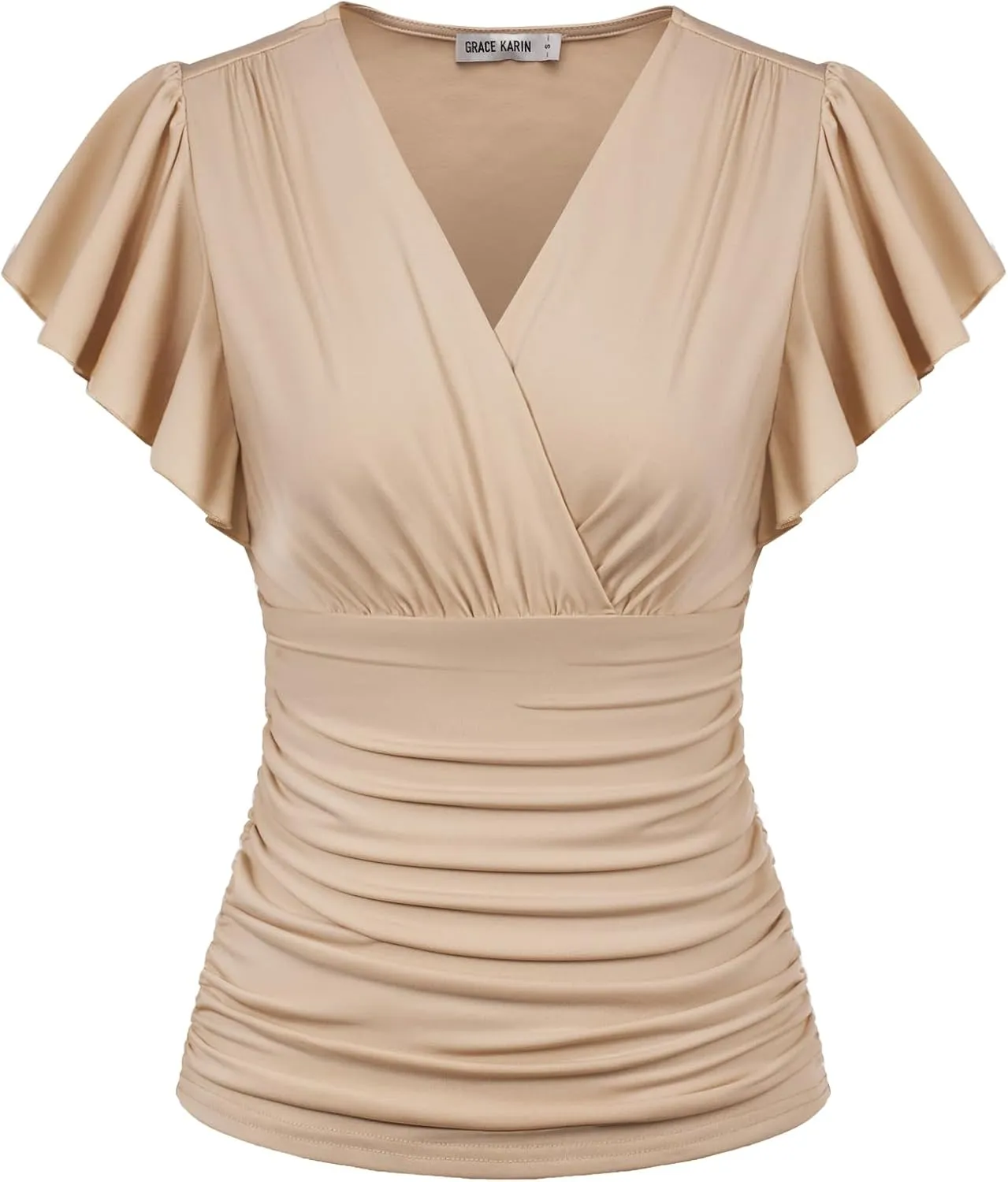 GRACE KARIN 2025 Womens Tops Summer Wrap Blouse V Neck Ruffle Sleeve Dressy Casual Top Ruched Trendy Clothes