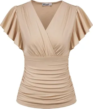 GRACE KARIN 2025 Womens Tops Summer Wrap Blouse V Neck Ruffle Sleeve Dressy Casual Top Ruched Trendy Clothes