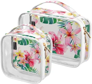Green Floral Tropical 2 Pieces Clear Makeup Cosmetic Toiletry Bags for Women PVC Waterproof Portable Travel Storage Carry Pouch with Gold Zippers Handbag Purse for Organizing Traveling Vacation