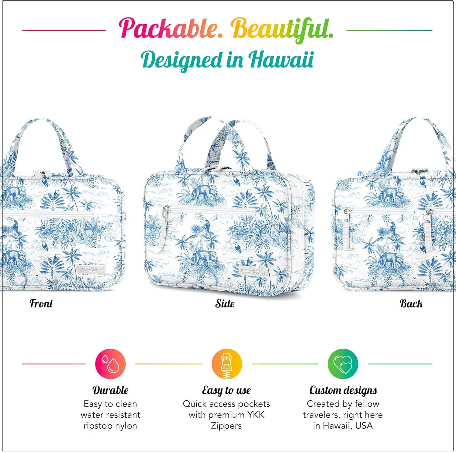 Hanging Travel Toiletry Bag  Designed in Hawaii  Water-resistant Travel Organizer for Bathroom Accessories