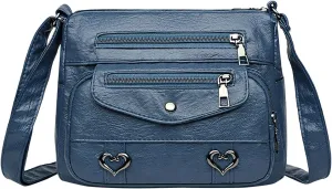 Heart Decor Crossbody Bag Solid Vintage PU Leather Shoulder Bag Versatile Women Pockets Purse With And (Blue, One Size)