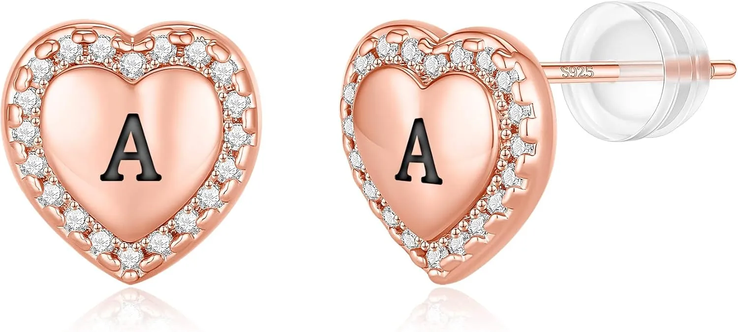 Heart Earrings for Girls Kids, 925 Sterling Silver Post Hypoallergenic Girls Earrings CZ Letter Earrings for Teen Girls Initial Earrings for Little Girls Kids Toddler Christmas Gifts