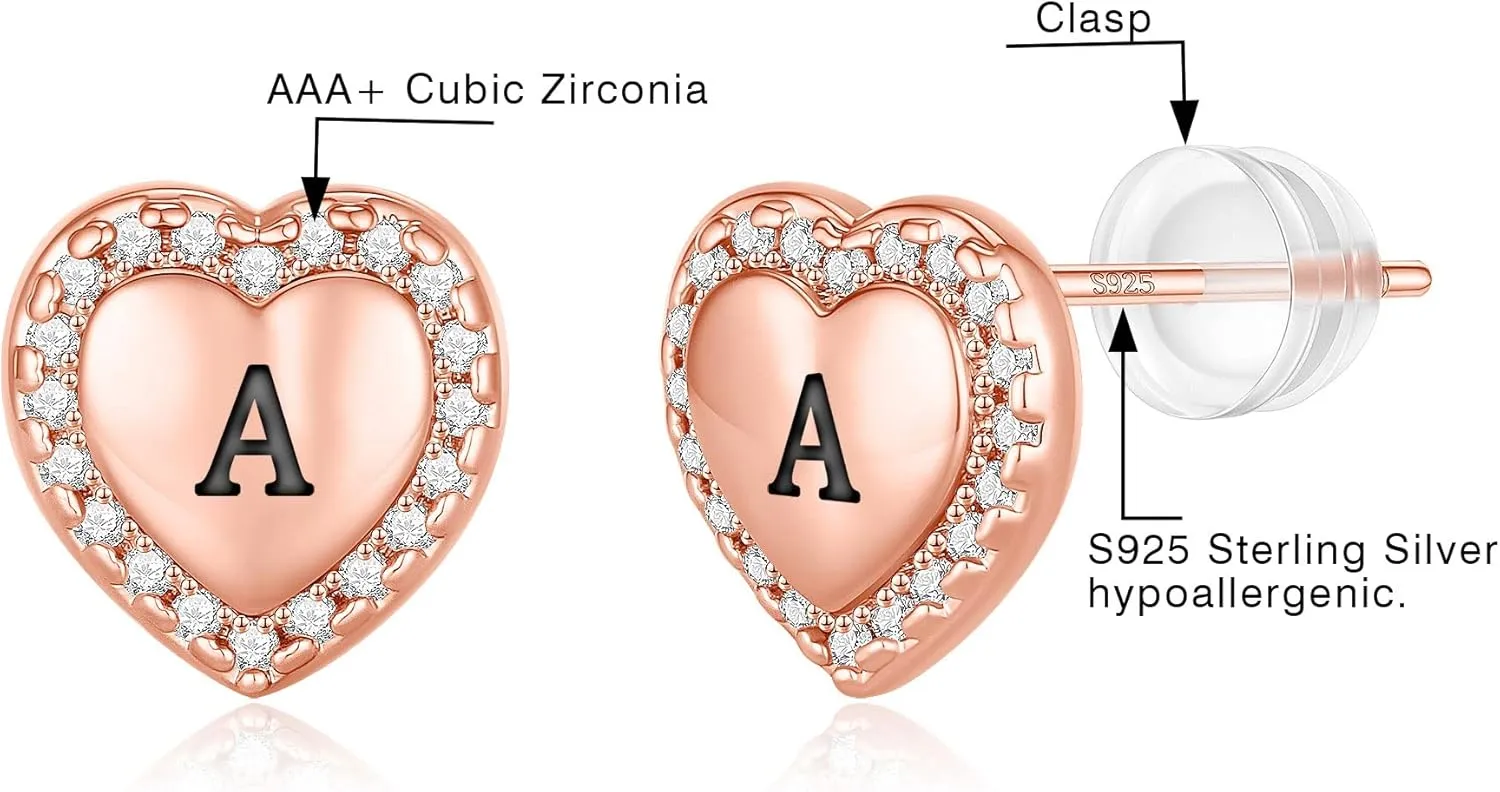 Heart Earrings for Girls Kids, 925 Sterling Silver Post Hypoallergenic Girls Earrings CZ Letter Earrings for Teen Girls Initial Earrings for Little Girls Kids Toddler Christmas Gifts