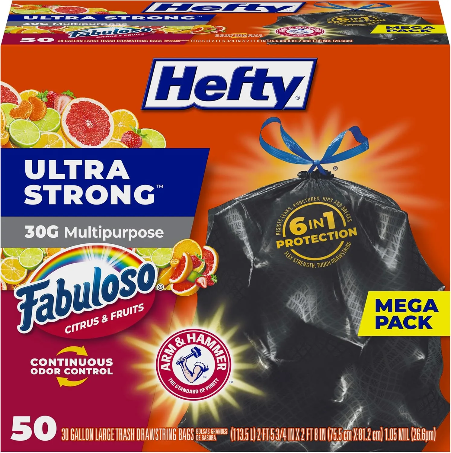 Hefty Ultra Strong 30 Gallon Trash Bags, Large Trash Bags 30 Gallon Size, Multipurpose, Break Resistant Drawstring Closure, Resists Leaks, Punctures, and Tears, Black, Fabuloso Scent, 34 Bags