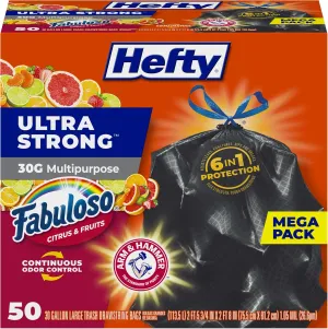 Hefty Ultra Strong 30 Gallon Trash Bags, Large Trash Bags 30 Gallon Size, Multipurpose, Break Resistant Drawstring Closure, Resists Leaks, Punctures, and Tears, Black, Fabuloso Scent, 34 Bags