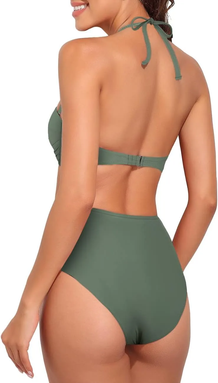 Hilor Bandeau Two Piece Bathing Suits for Women with Strap Retro High Waisted Swimsuits Sexy Push Up Bikini Swimwear