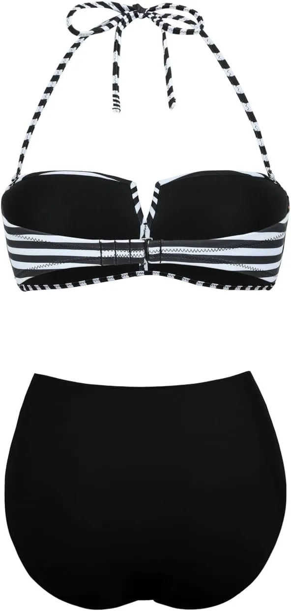 Hilor Bandeau Two Piece Bathing Suits for Women with Strap Retro High Waisted Swimsuits Sexy Push Up Bikini Swimwear