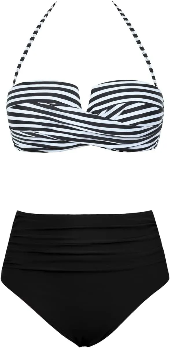 Hilor Bandeau Two Piece Bathing Suits for Women with Strap Retro High Waisted Swimsuits Sexy Push Up Bikini Swimwear