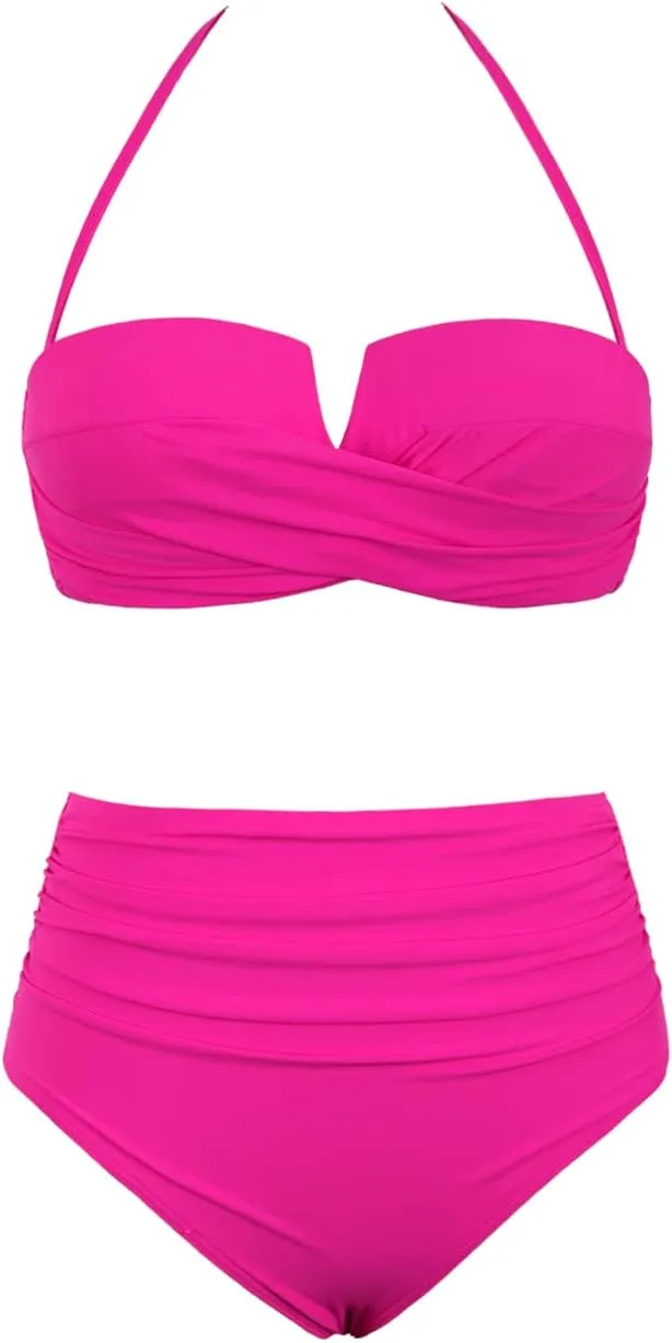 Hilor Bandeau Two Piece Bathing Suits for Women with Strap Retro High Waisted Swimsuits Sexy Push Up Bikini Swimwear