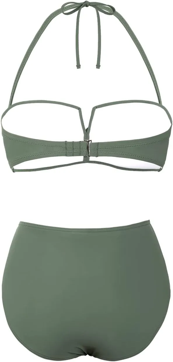 Hilor Bandeau Two Piece Bathing Suits for Women with Strap Retro High Waisted Swimsuits Sexy Push Up Bikini Swimwear