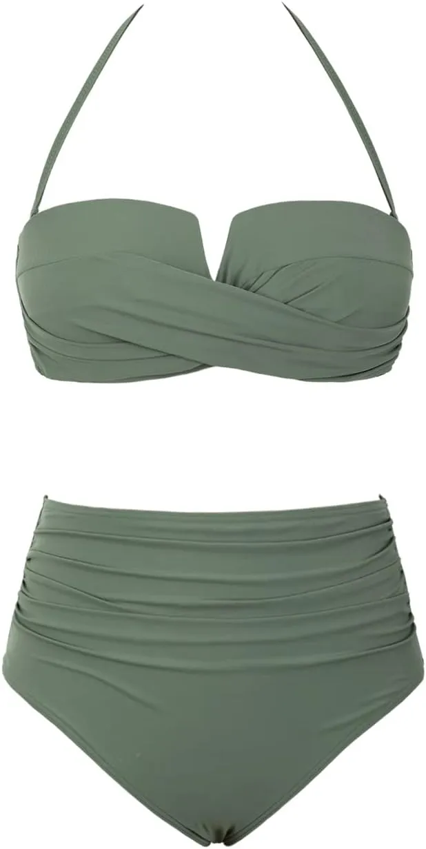 Hilor Bandeau Two Piece Bathing Suits for Women with Strap Retro High Waisted Swimsuits Sexy Push Up Bikini Swimwear