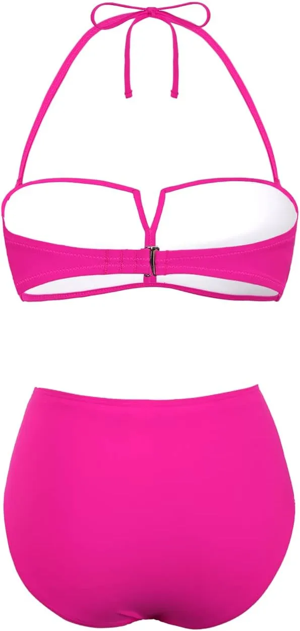 Hilor Bandeau Two Piece Bathing Suits for Women with Strap Retro High Waisted Swimsuits Sexy Push Up Bikini Swimwear