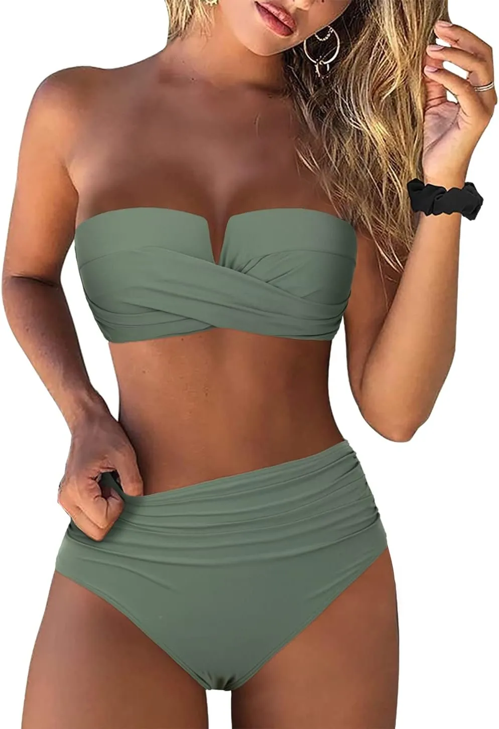 Hilor Bandeau Two Piece Bathing Suits for Women with Strap Retro High Waisted Swimsuits Sexy Push Up Bikini Swimwear