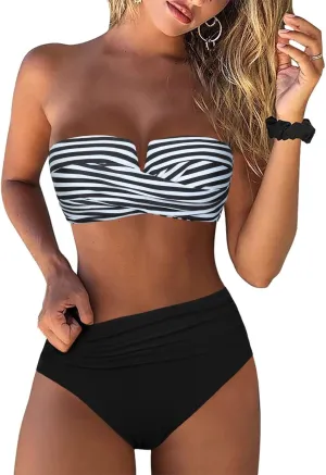 Hilor Bandeau Two Piece Bathing Suits for Women with Strap Retro High Waisted Swimsuits Sexy Push Up Bikini Swimwear