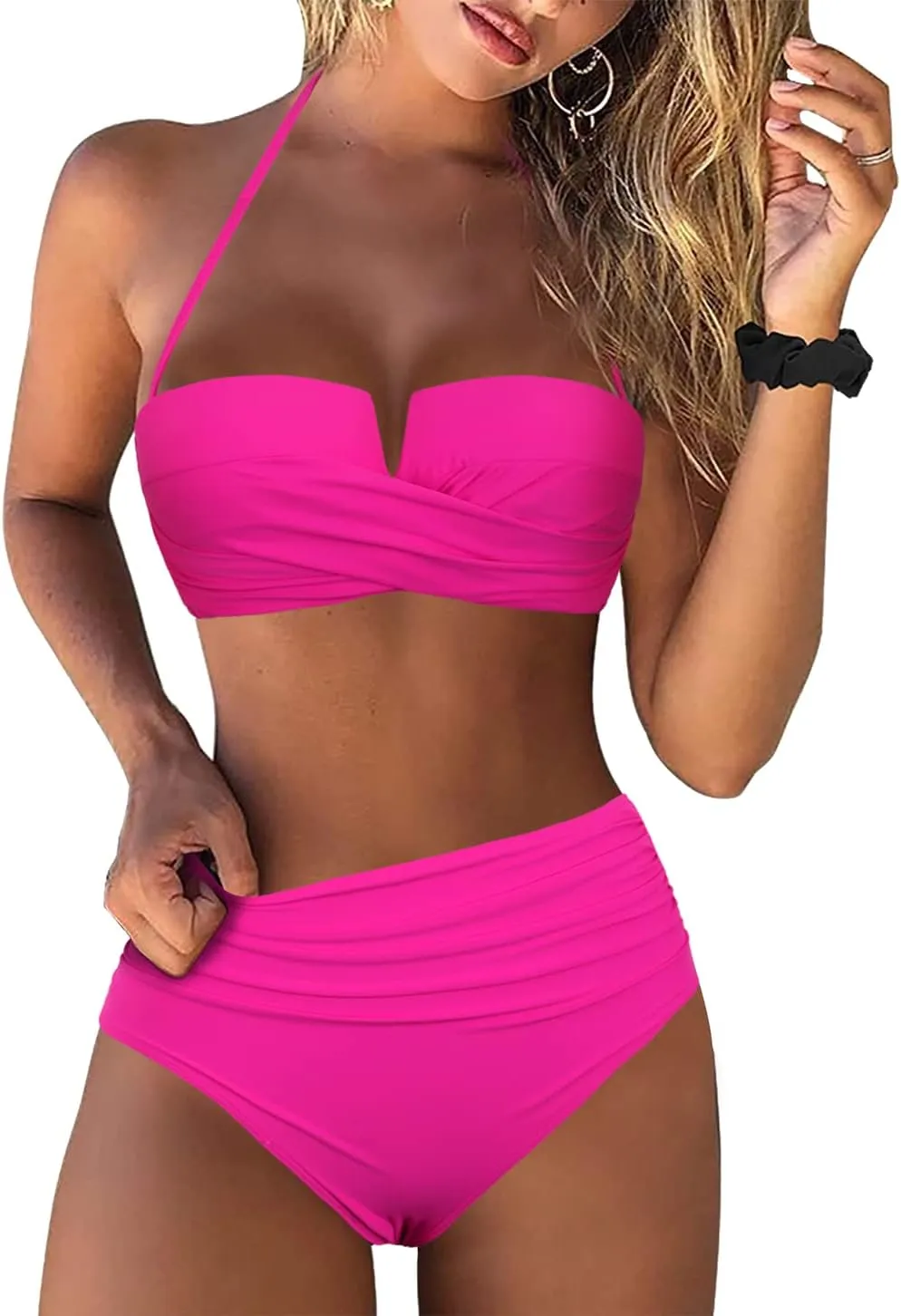 Hilor Bandeau Two Piece Bathing Suits for Women with Strap Retro High Waisted Swimsuits Sexy Push Up Bikini Swimwear
