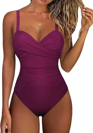 Hilor Women's Underwire One Piece Swimsuits Criss Cross Push Up Bathing Suit Retro Ruched Tummy Control Swimwear