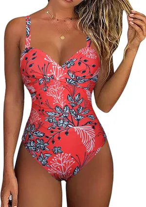 Hilor Women's Underwire One Piece Swimsuits Criss Cross Push Up Bathing Suit Retro Ruched Tummy Control Swimwear