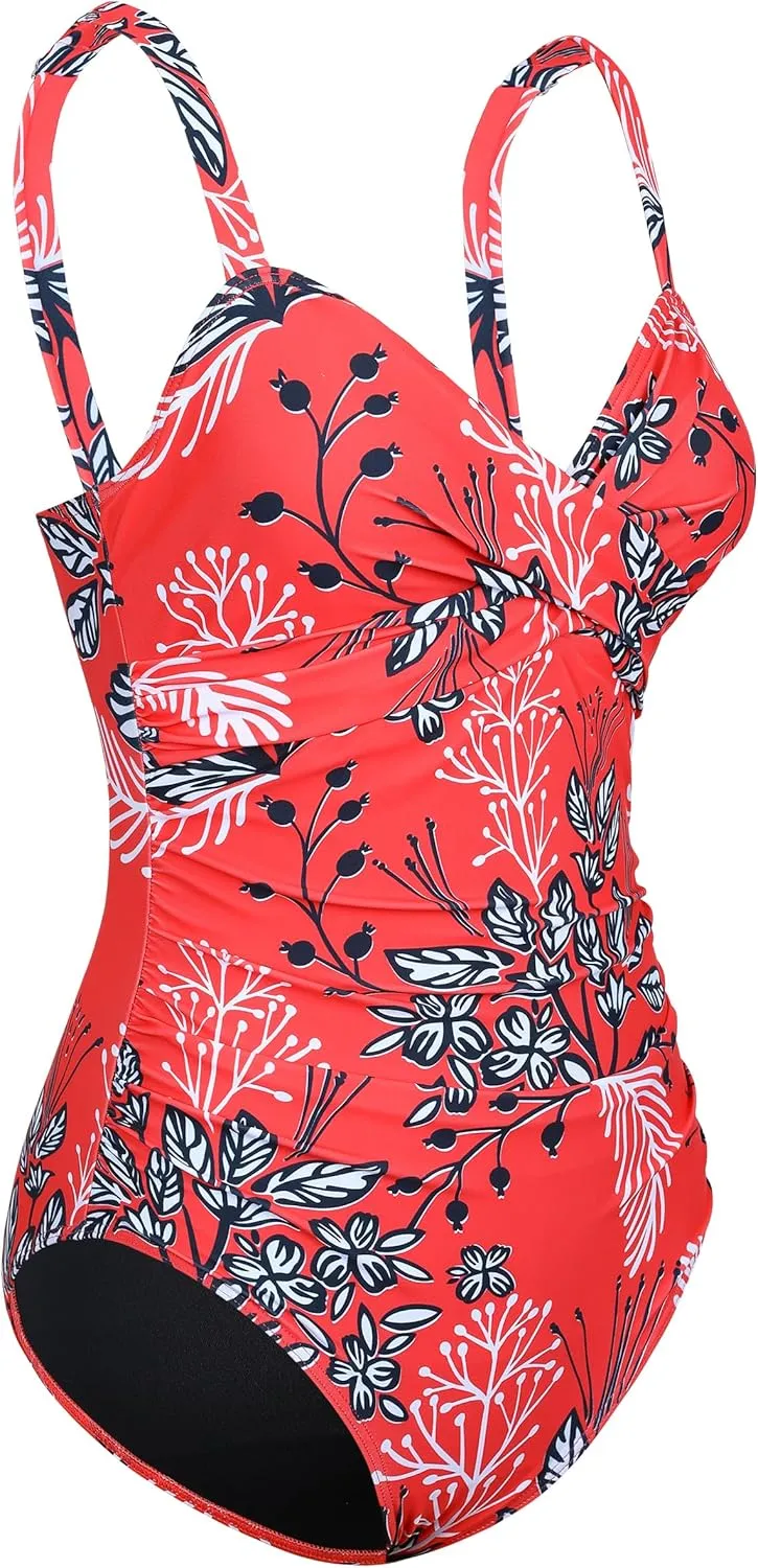 Hilor Women's Underwire One Piece Swimsuits Criss Cross Push Up Bathing Suit Retro Ruched Tummy Control Swimwear