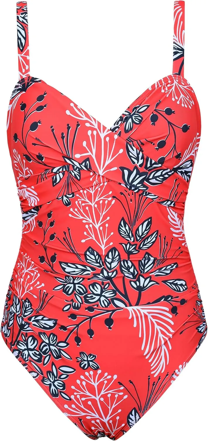 Hilor Women's Underwire One Piece Swimsuits Criss Cross Push Up Bathing Suit Retro Ruched Tummy Control Swimwear