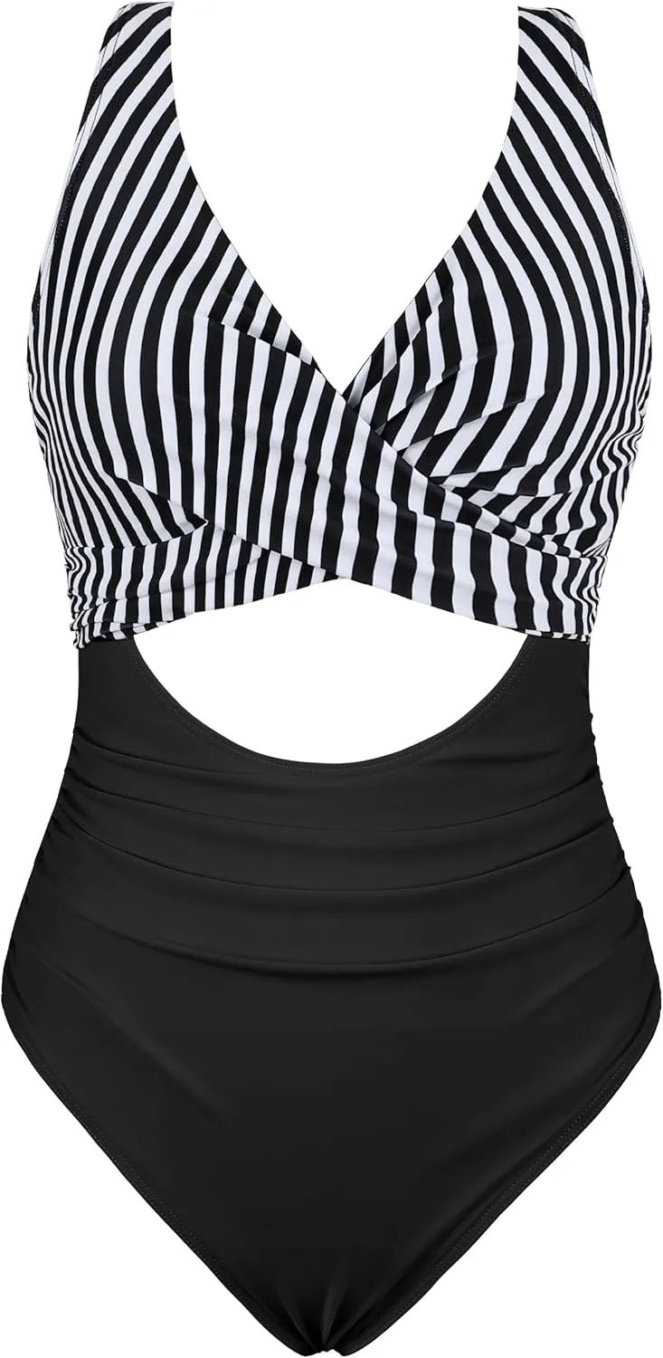 Hilor Women's Underwire One Piece Swimsuits Cross V Neck Swimwear Sexy Cut Out Bathing Suit Monokinis