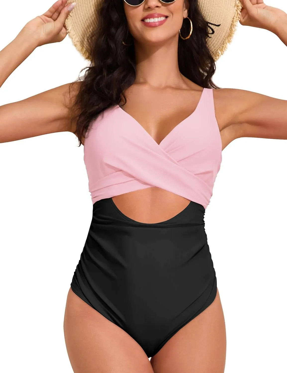 Hilor Women's Underwire One Piece Swimsuits Cross V Neck Swimwear Sexy Cut Out Bathing Suit Monokinis