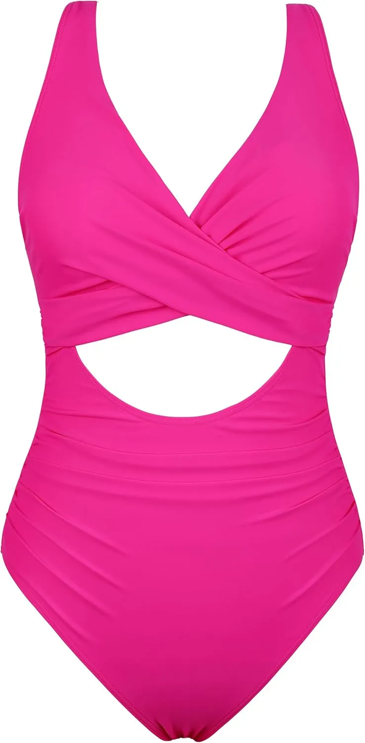 Hilor Women's Underwire One Piece Swimsuits Cross V Neck Swimwear Sexy Cut Out Bathing Suit Monokinis