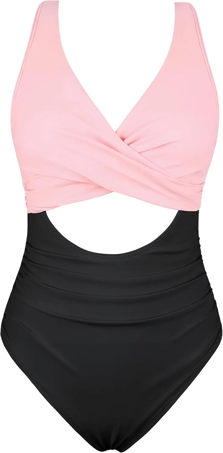 Hilor Women's Underwire One Piece Swimsuits Cross V Neck Swimwear Sexy Cut Out Bathing Suit Monokinis