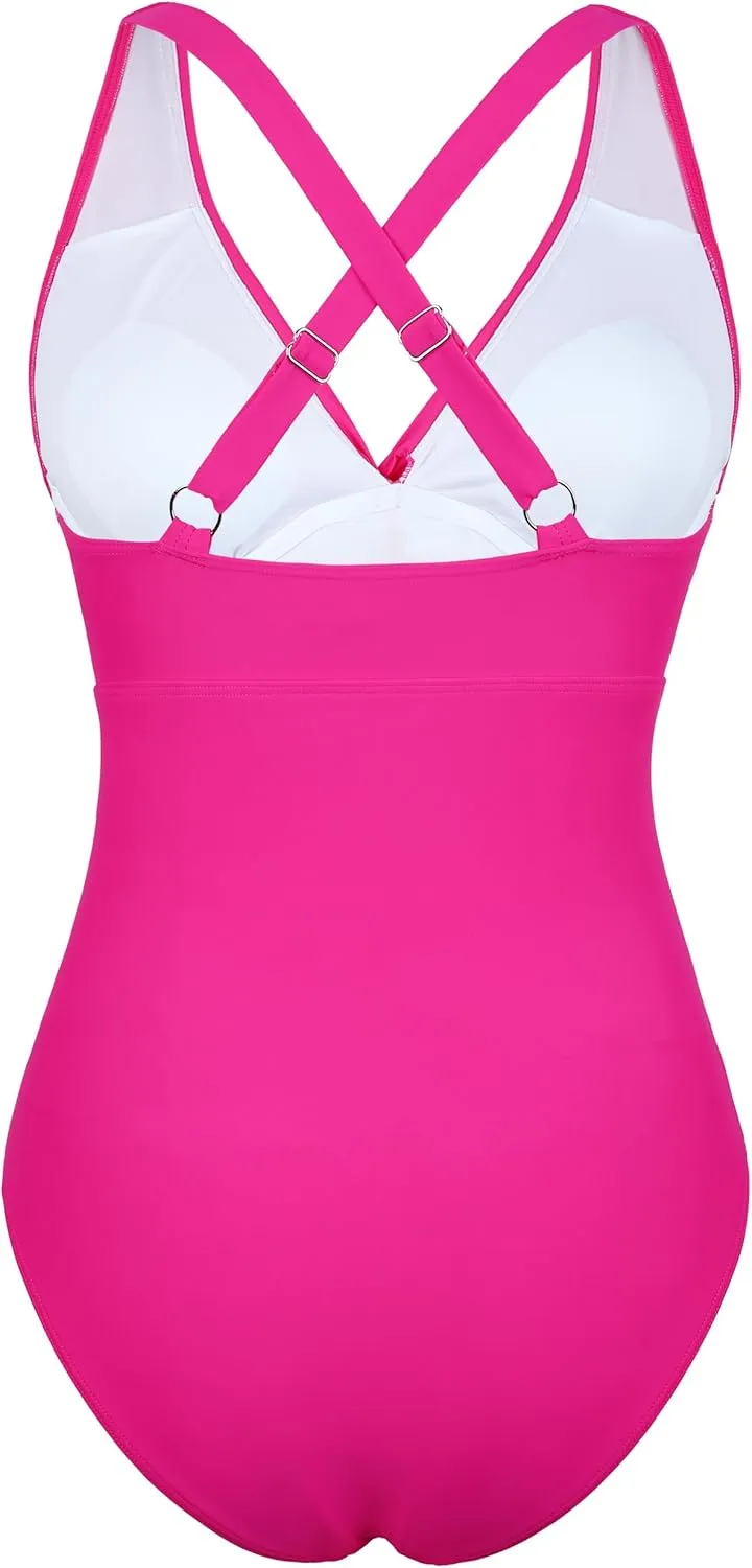 Hilor Women's Underwire One Piece Swimsuits Cross V Neck Swimwear Sexy Cut Out Bathing Suit Monokinis