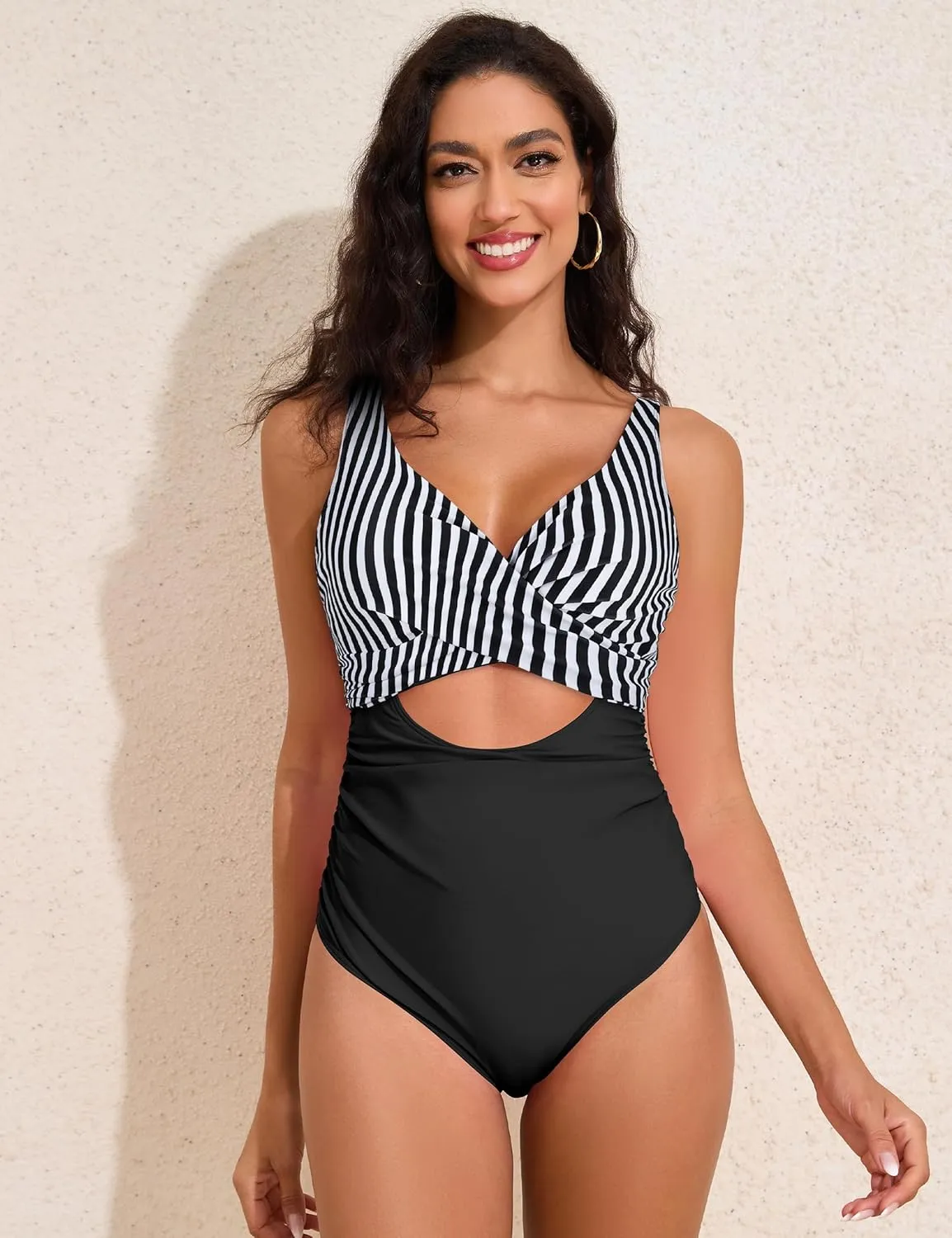 Hilor Women's Underwire One Piece Swimsuits Cross V Neck Swimwear Sexy Cut Out Bathing Suit Monokinis