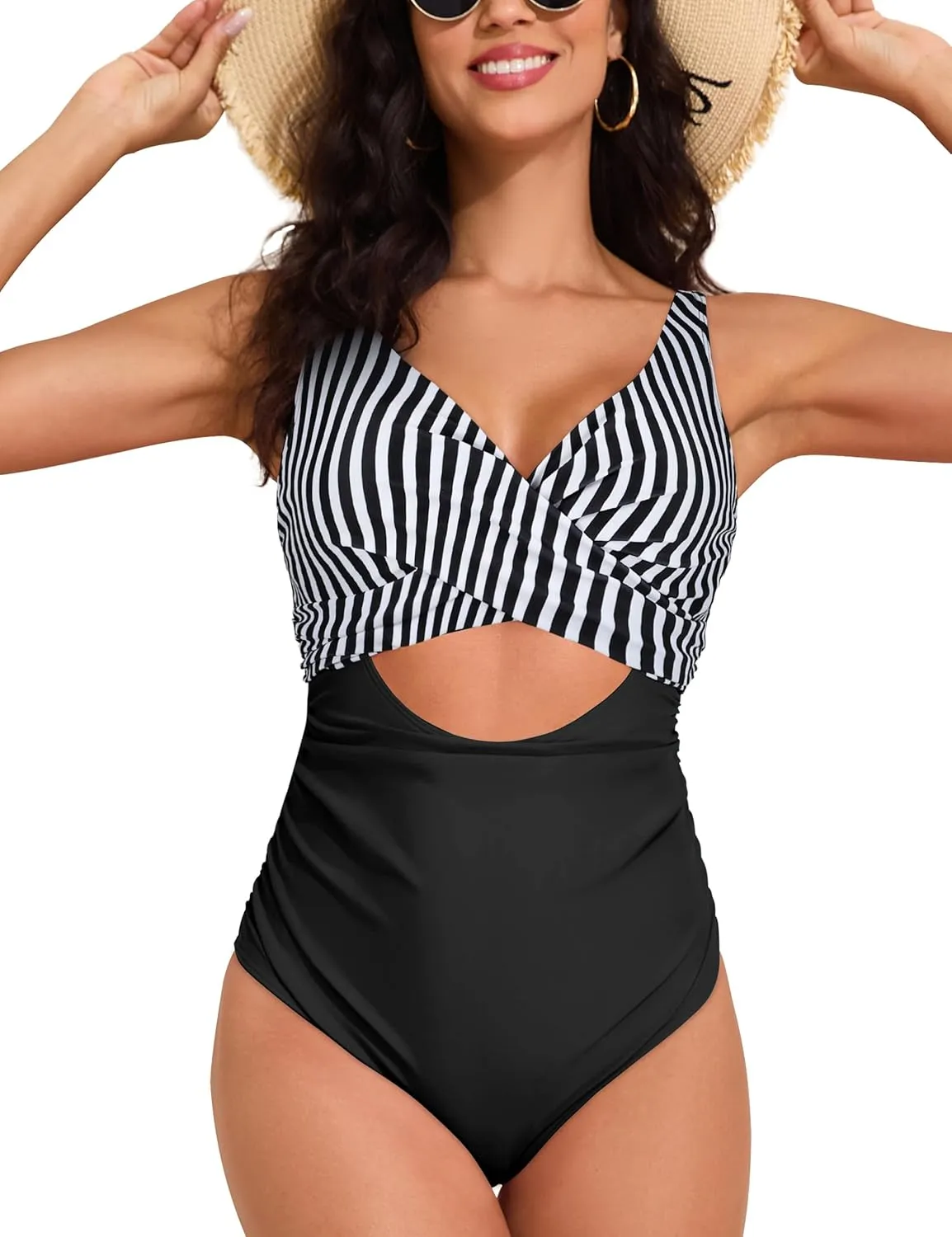 Hilor Women's Underwire One Piece Swimsuits Cross V Neck Swimwear Sexy Cut Out Bathing Suit Monokinis