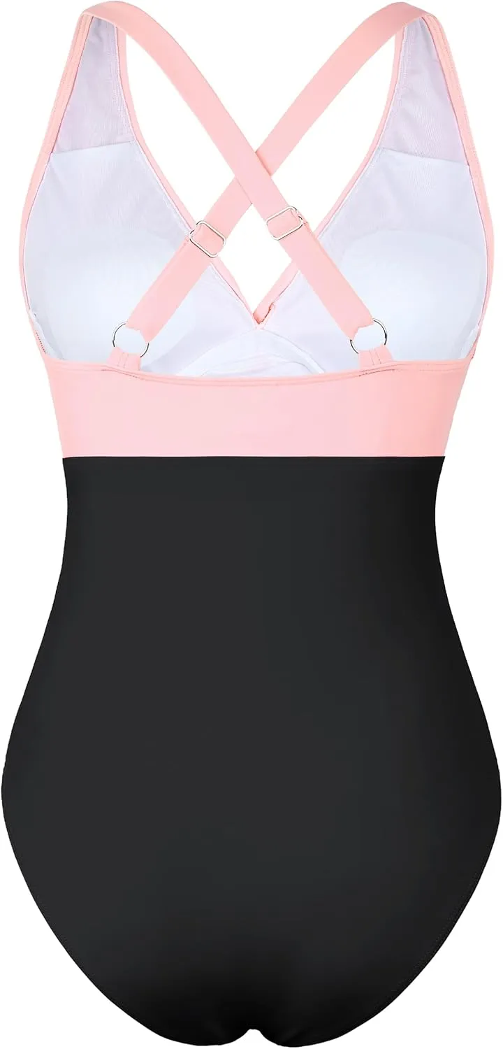 Hilor Women's Underwire One Piece Swimsuits Cross V Neck Swimwear Sexy Cut Out Bathing Suit Monokinis