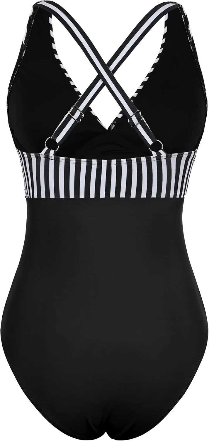 Hilor Women's Underwire One Piece Swimsuits Cross V Neck Swimwear Sexy Cut Out Bathing Suit Monokinis