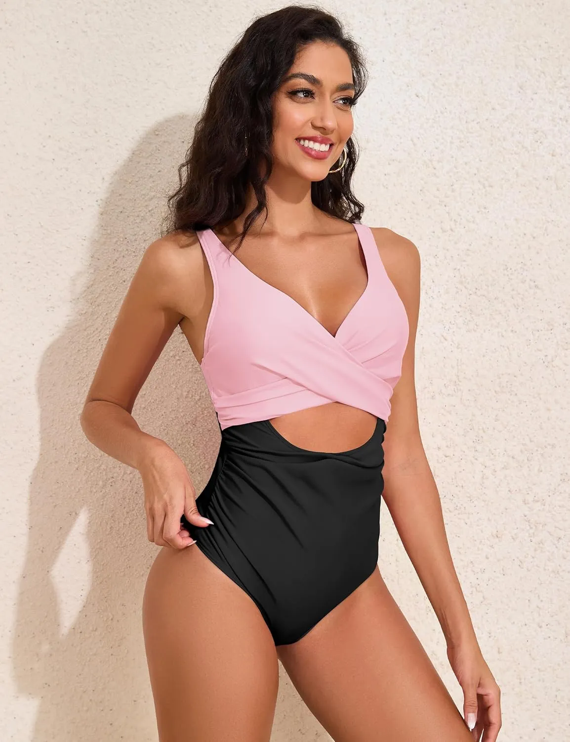 Hilor Women's Underwire One Piece Swimsuits Cross V Neck Swimwear Sexy Cut Out Bathing Suit Monokinis
