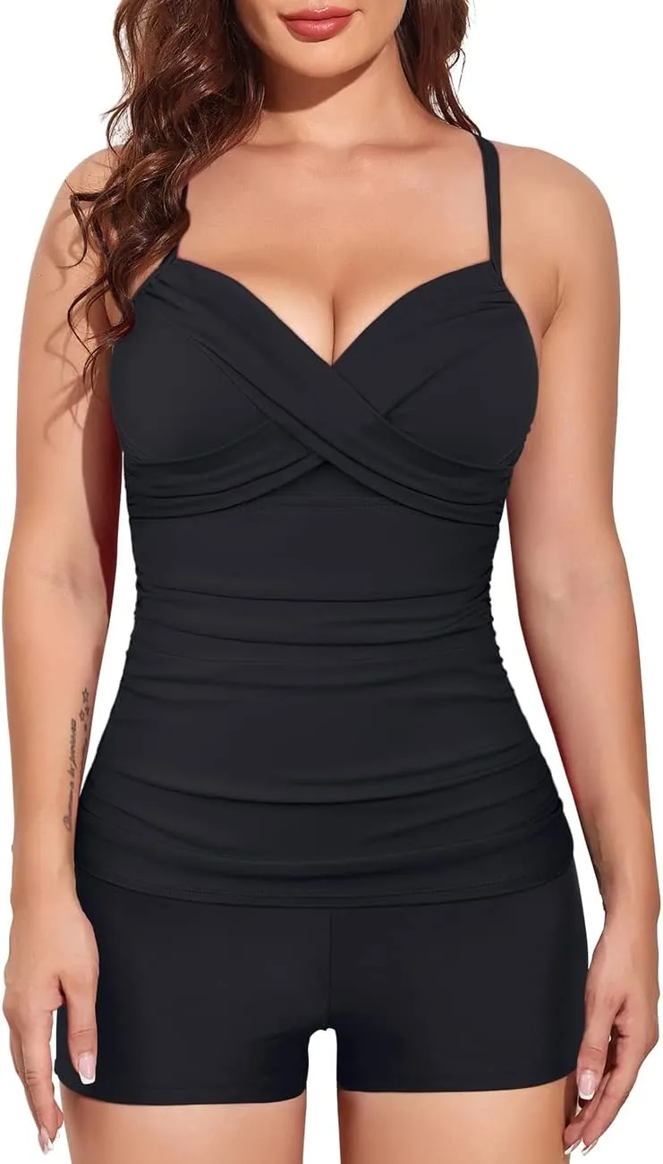 Hilor Women's Underwire Tankini Bathing Suits V Neck Twist Swimsuit Top with Shorts Two Piece Tummy Control Swimwear