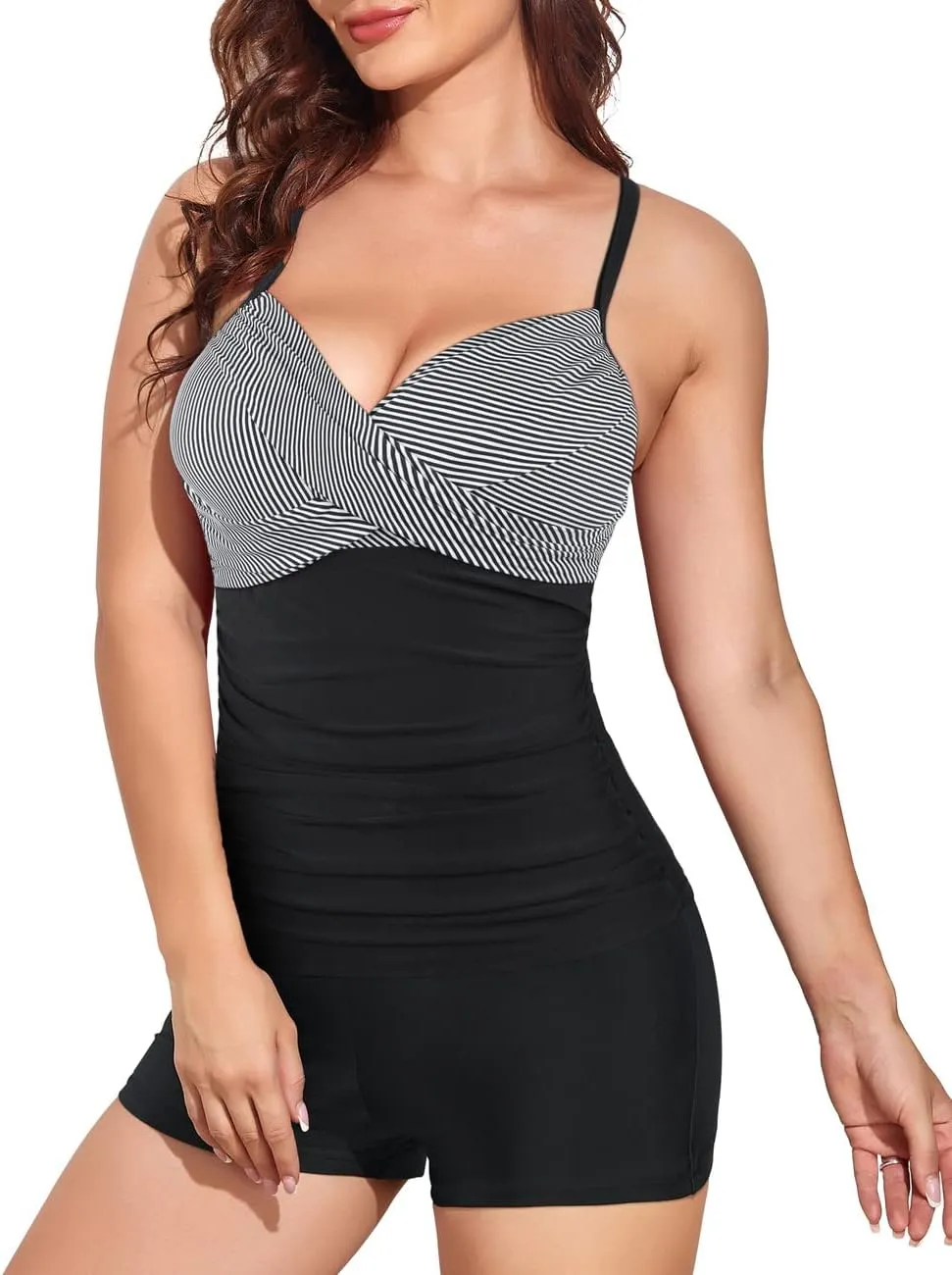 Hilor Women's Underwire Tankini Bathing Suits V Neck Twist Swimsuit Top with Shorts Two Piece Tummy Control Swimwear