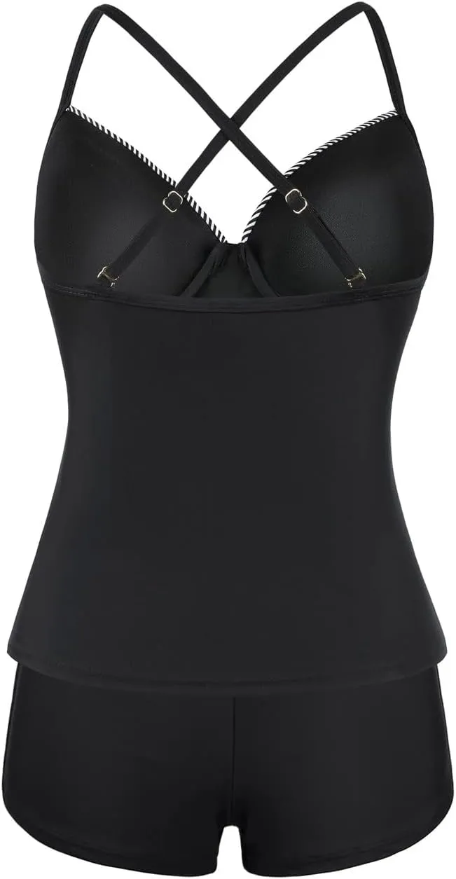 Hilor Women's Underwire Tankini Bathing Suits V Neck Twist Swimsuit Top with Shorts Two Piece Tummy Control Swimwear