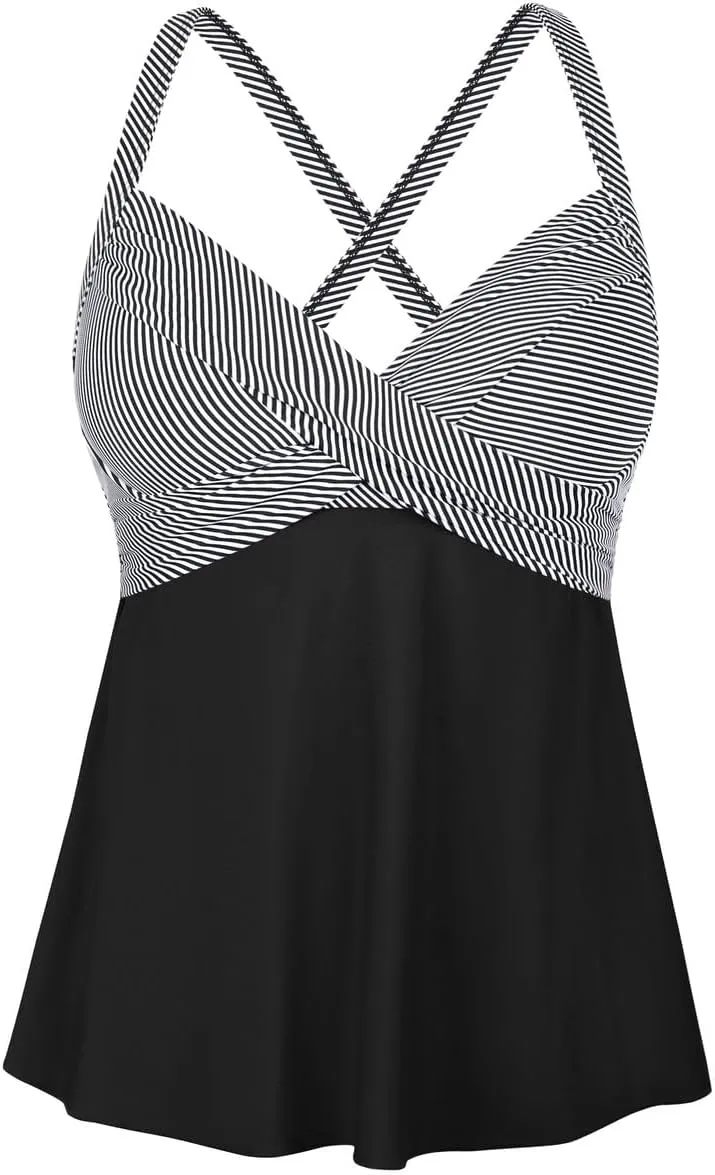 Hilor Women's Underwire Tankini Top Swimwear Twist V Neck Swimsuit for Big Busted Flared Flowy Bathing Suit