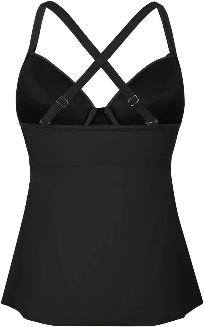 Hilor Women's Underwire Tankini Top Swimwear Twist V Neck Swimsuit for Big Busted Flared Flowy Bathing Suit