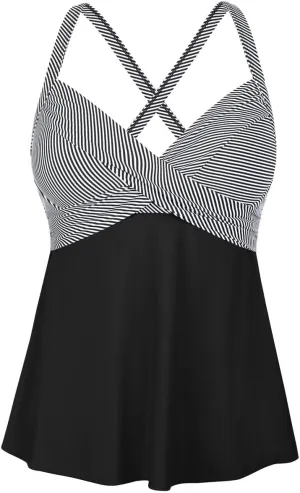 Hilor Women's Underwire Tankini Top Swimwear Twist V Neck Swimsuit for Big Busted Flared Flowy Bathing Suit