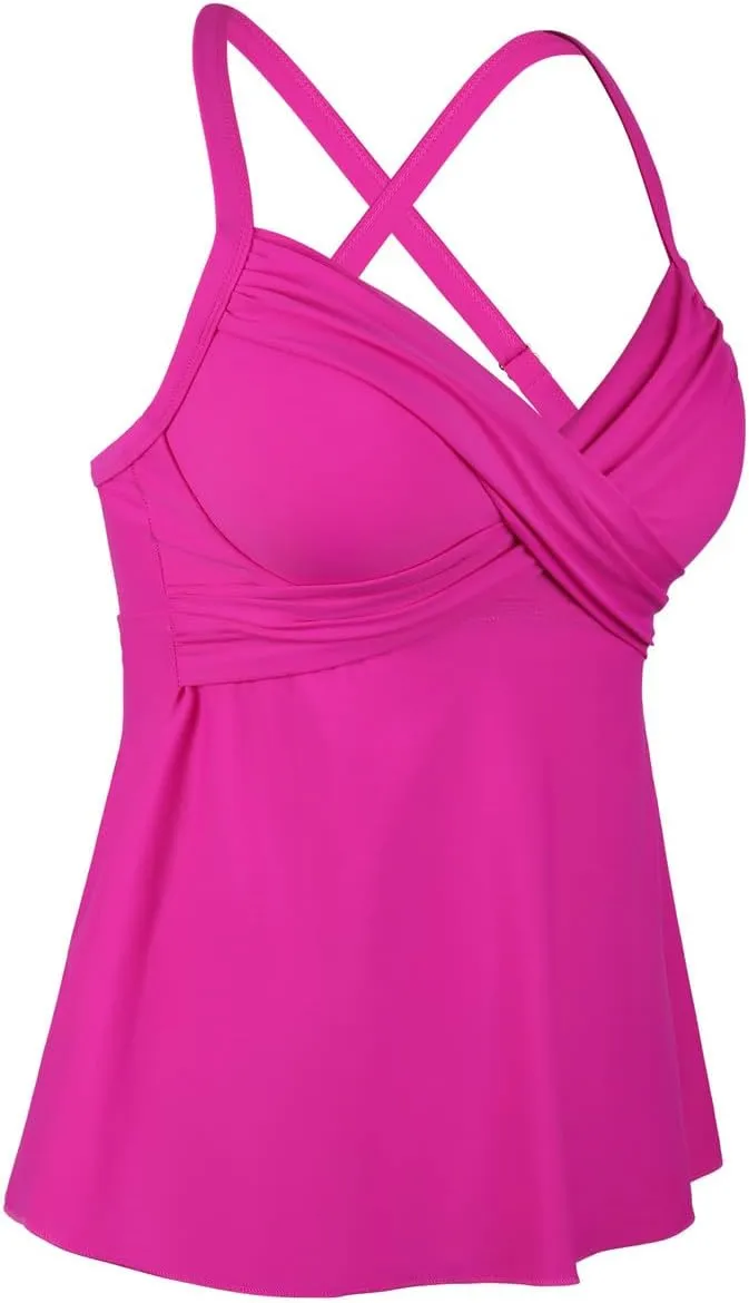 Hilor Women's Underwire Tankini Top Swimwear Twist V Neck Swimsuit for Big Busted Flared Flowy Bathing Suit