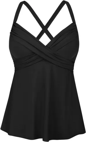 Hilor Women's Underwire Tankini Top Swimwear Twist V Neck Swimsuit for Big Busted Flared Flowy Bathing Suit